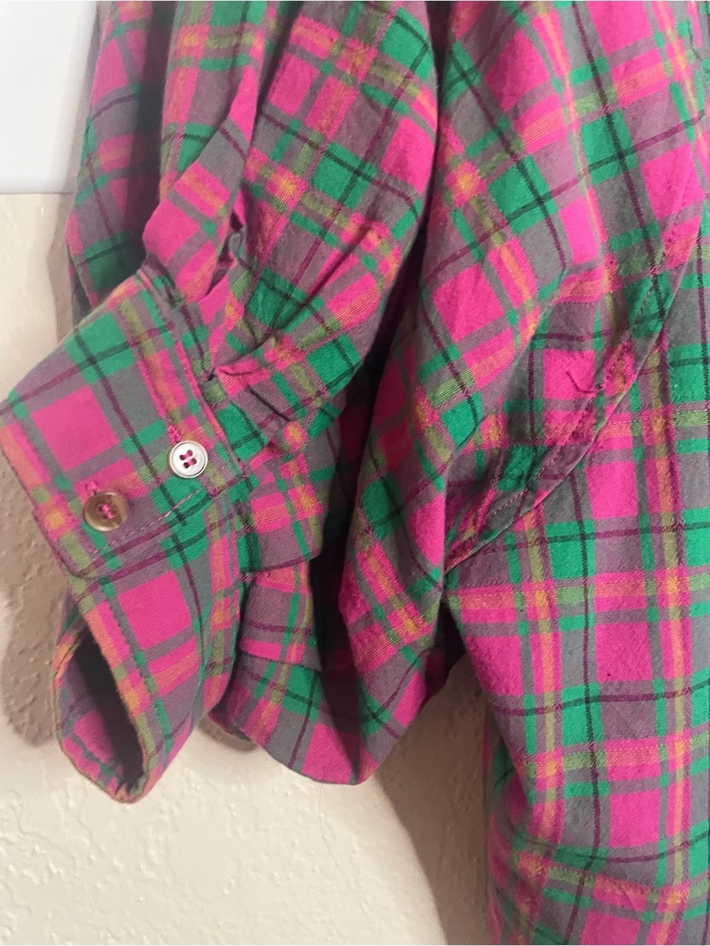 Entro Pink Green Plaid Oversized Pima Cotton Button Up Small - Picture 9 of 12